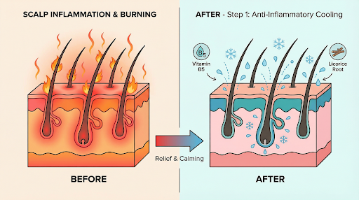 Before and after diagram: burning inflamed scalp calmed by anti-inflammatory cooling with Vitamin B5 and licorice root