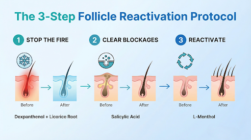 The 3-step follicle reactivation protocol: stop the fire, clear blockages, reactivate