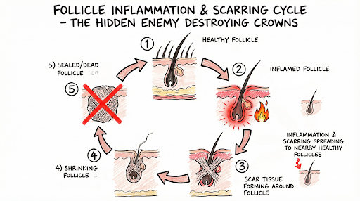 Diagram of the follicle inflammation and scarring cycle that destroys crowns