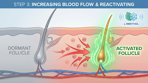 Diagram showing L-menthol increasing blood flow and reactivating a dormant follicle