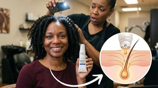 Woman holding the OrreNaturals ampoule in a salon, with a diagram of the applicator delivering the formula into the follicle