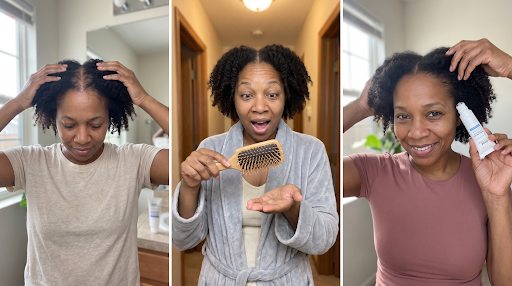 Three progress photos: checking her scalp, less shedding on the brush, and holding the ampoule with fuller hair