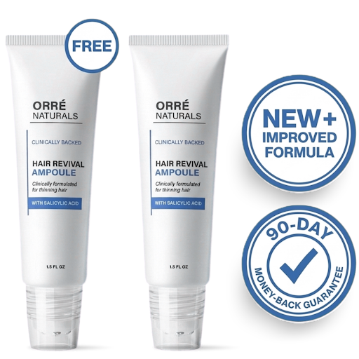 Buy one get one free OrreNaturals Hair Revival Ampoule with new improved formula and 90-day money-back guarantee seals