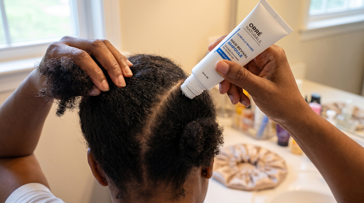 Close-up of a woman parting her hair and applying the OrréNaturals ampoule to her scalp
