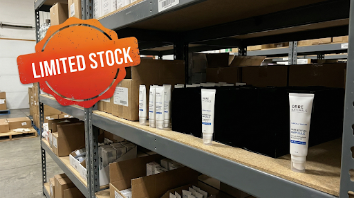 Warehouse shelves of OrréNaturals Hair Revival Ampoule with a limited stock stamp