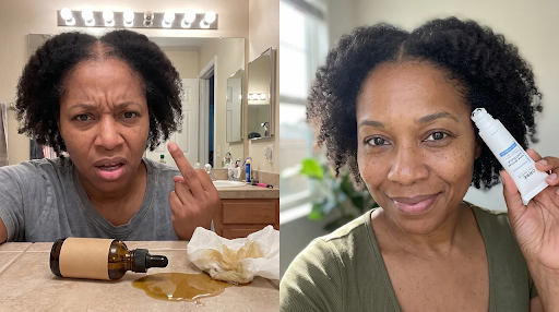 Before and after: frustrated with failed hair oils, then smiling while holding the ampoule