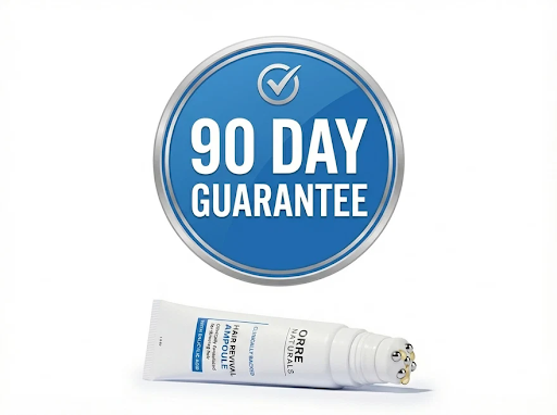 90 Day Guarantee seal next to the OrreNaturals Hair Revival Ampoule tube